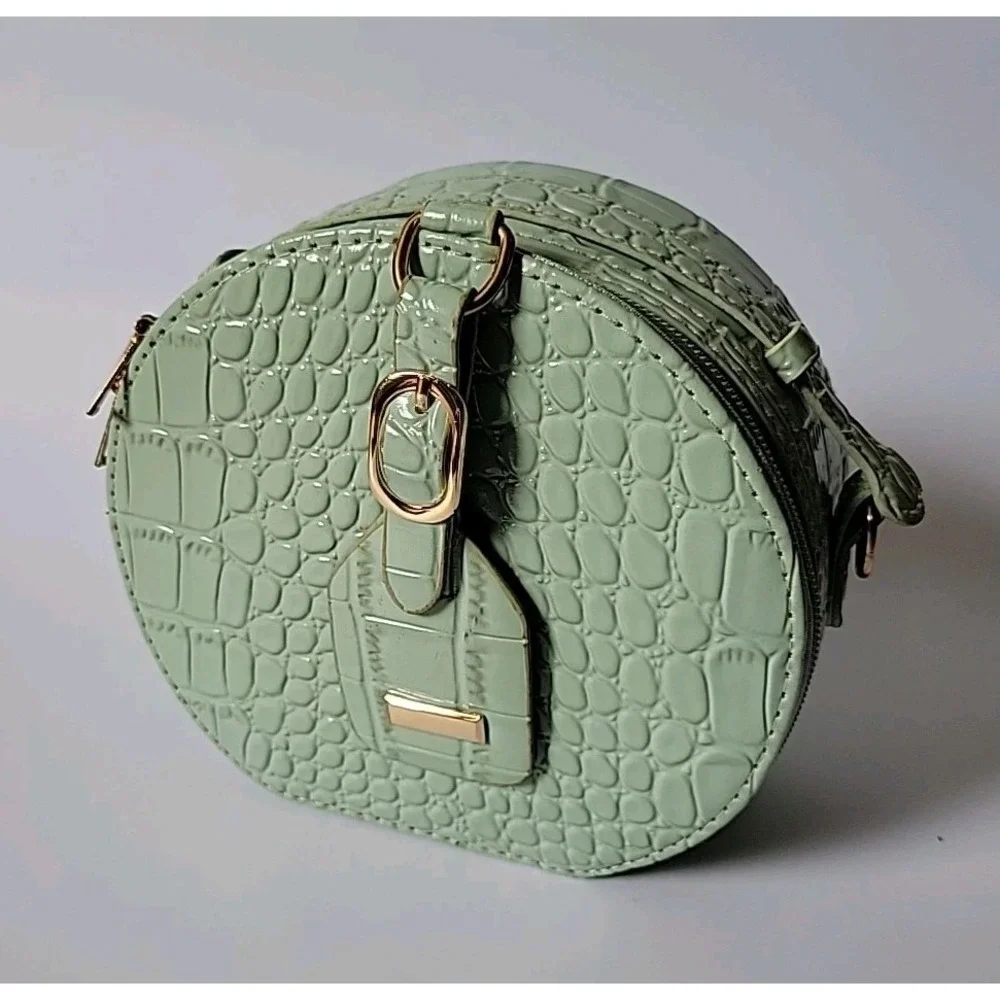 Calpak Round Croc Embossed‎ Vegan Leather Purse Seafoam Top Handle Zip Around